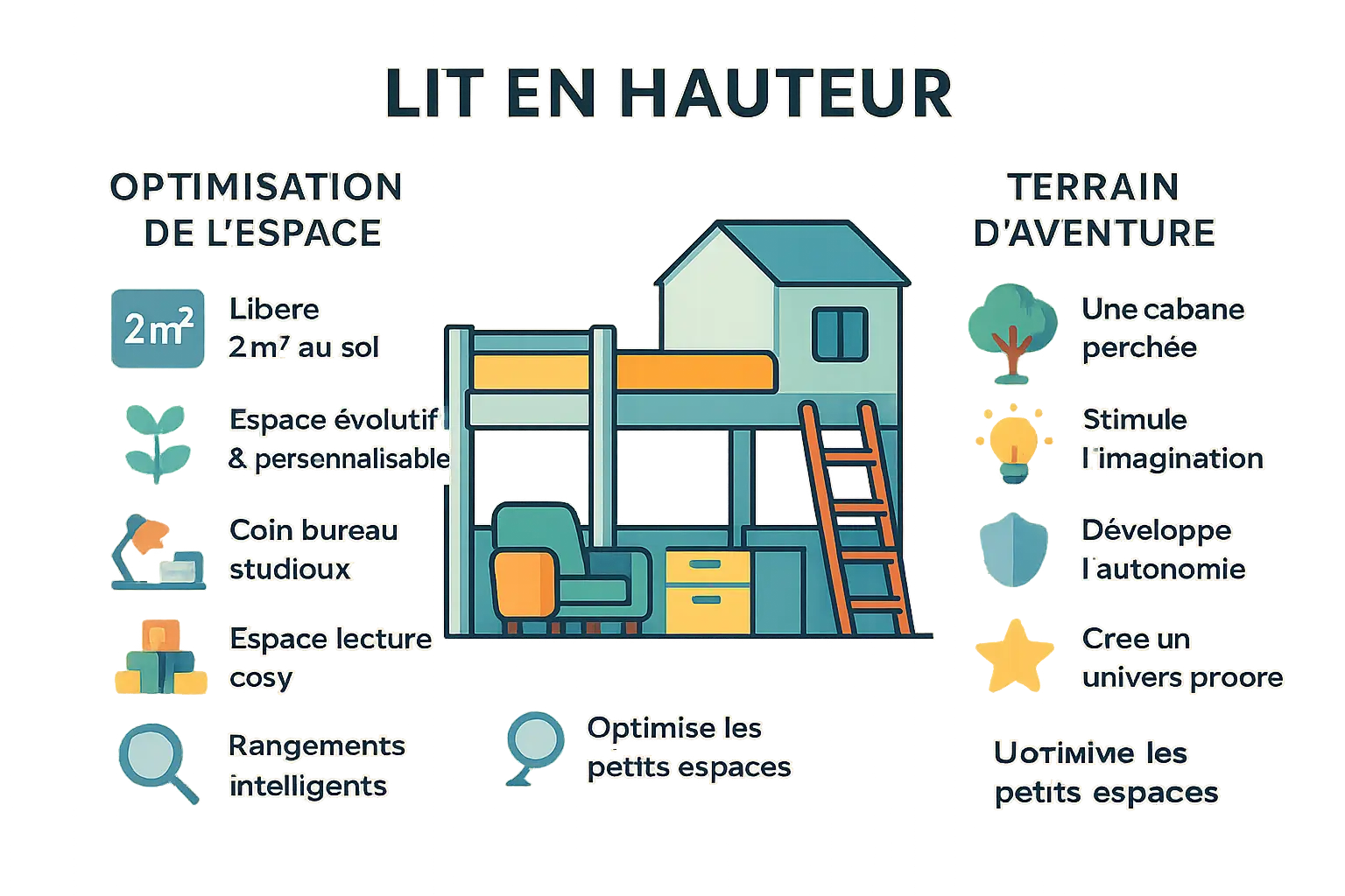 Aménagement d'un lit mezzanine avec bureau et coin lecture en dessous