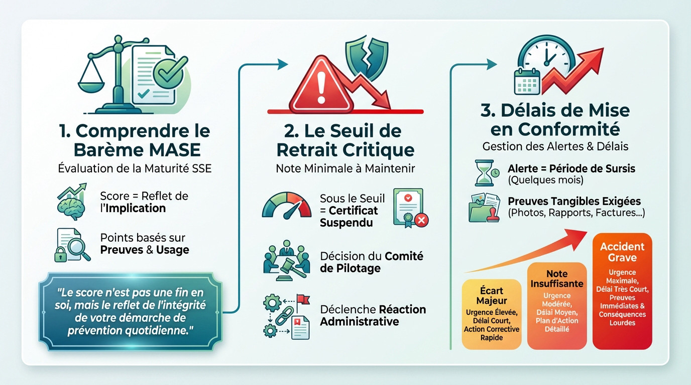 Schéma illustrant le mécanisme de retrait de la certification MASE et les seuils critiques