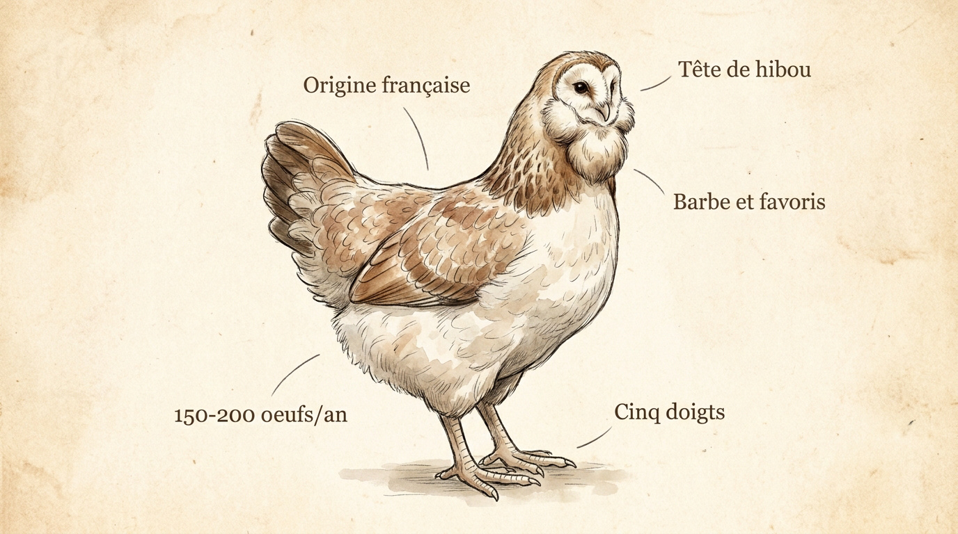 Poule de race Faverolles avec sa barbe caractéristique et son plumage saumoné