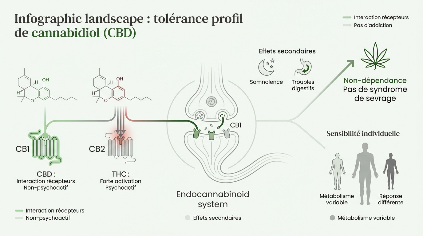 Infographie détaillant le profil de tolérance et les mécanismes d'action du CBD sur l'organisme