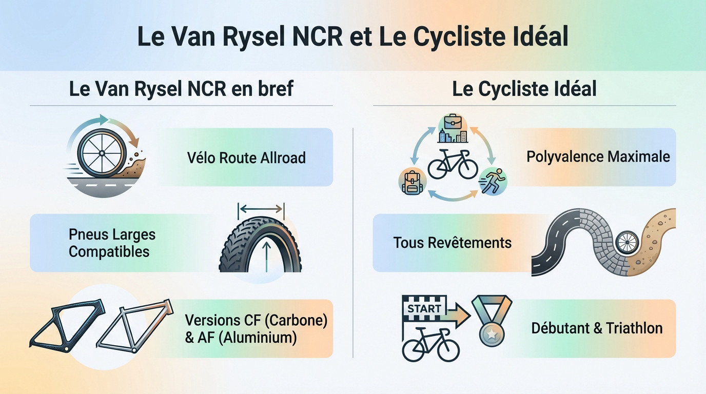 Cycliste utilisant le Van Rysel NCR sur une route de campagne, illustrant sa polyvalence allroad