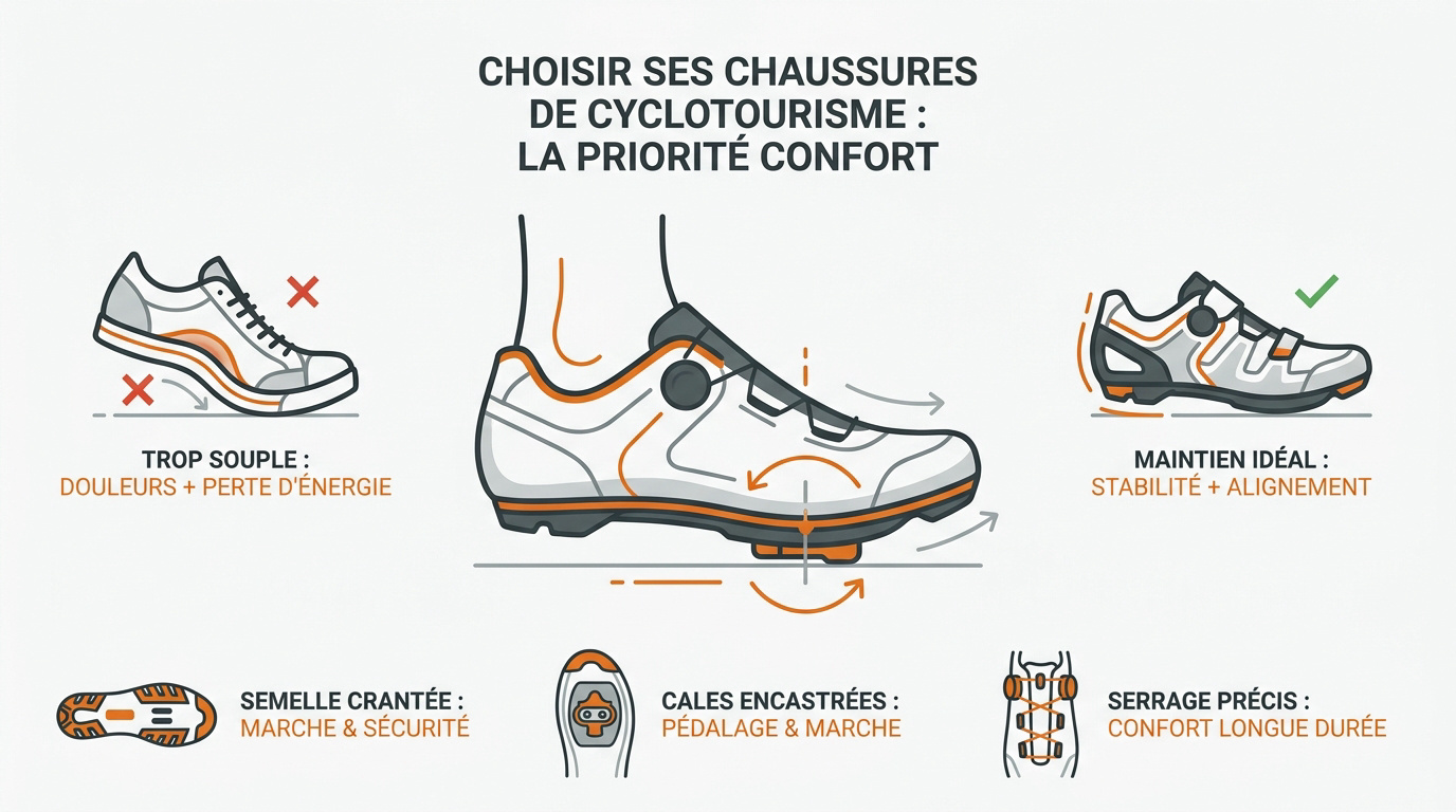 Cycliste examinant une chaussure de cyclotourisme avec semelle adaptée à la marche