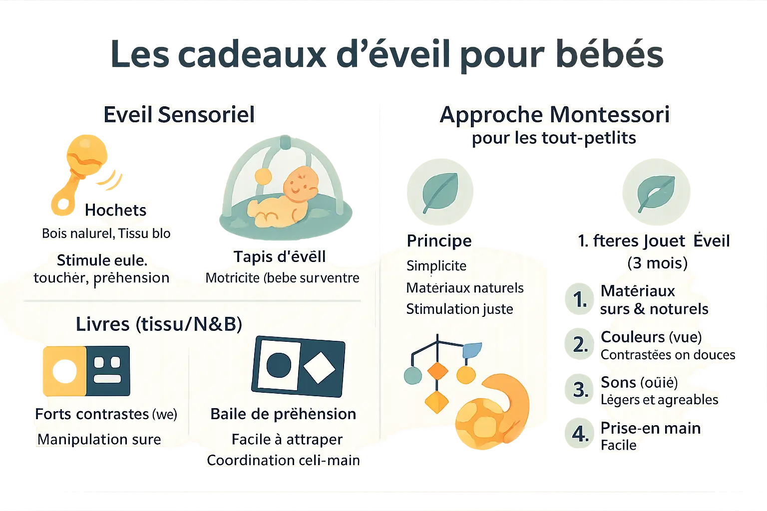 Illustration de cadeaux d'éveil pour bébés : hochets, tapis et mobiles Montessori