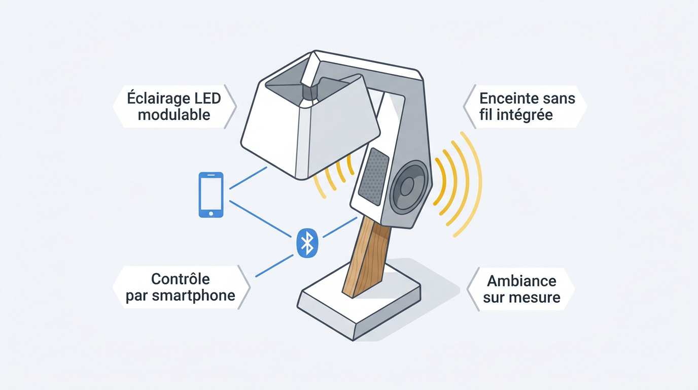 Lampe connectée combinant éclairage LED et enceinte bluetooth pour une ambiance personnalisée