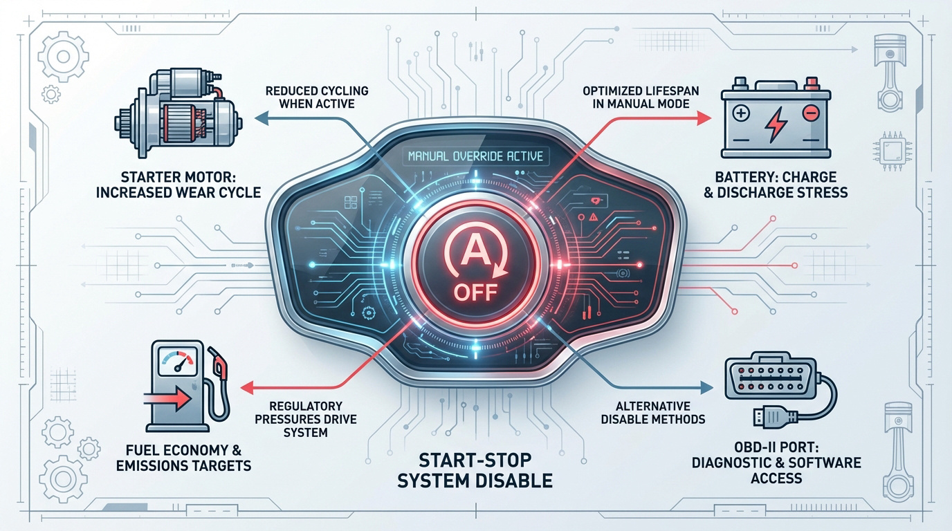 Technical dashboard view of the auto start-stop disable button and system interface