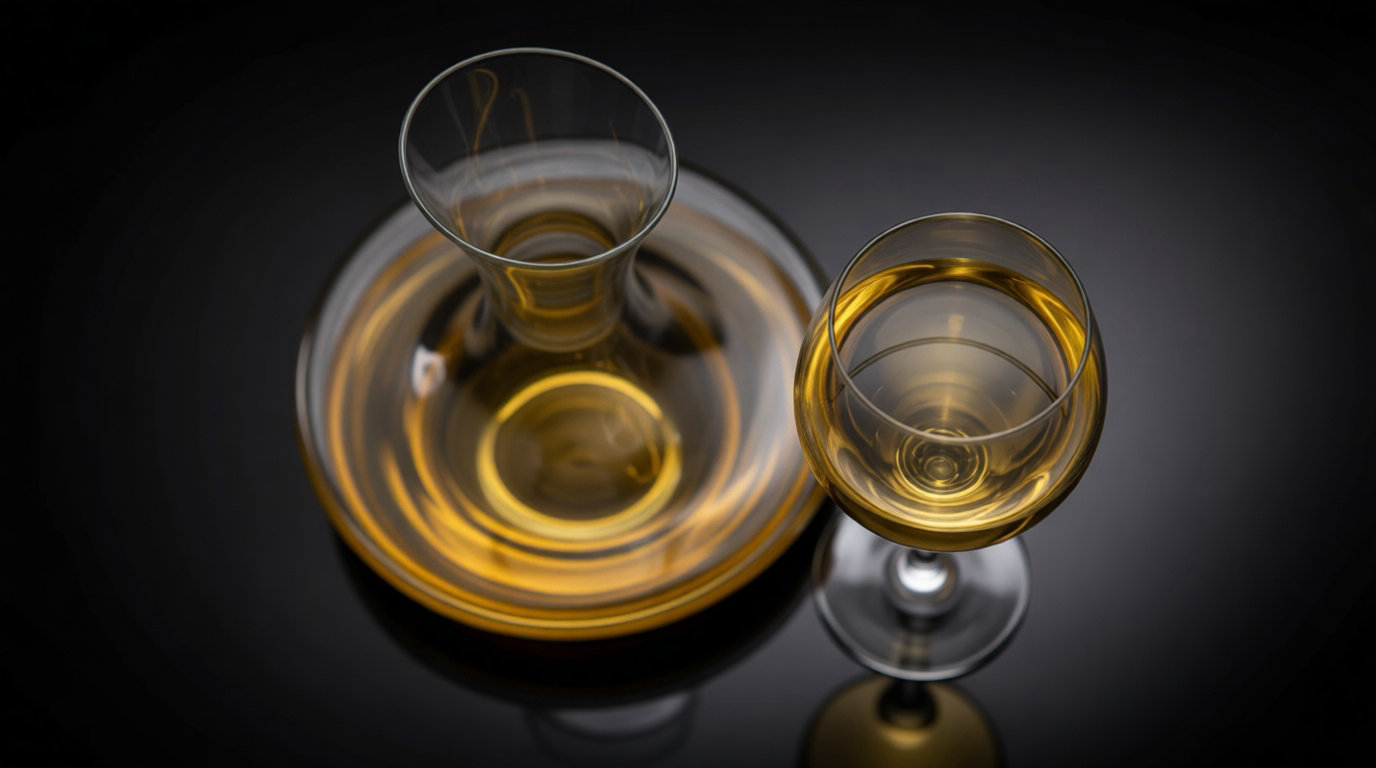 Carafage vin blanc dans une carafe en verre — aération douce et maintien au frais