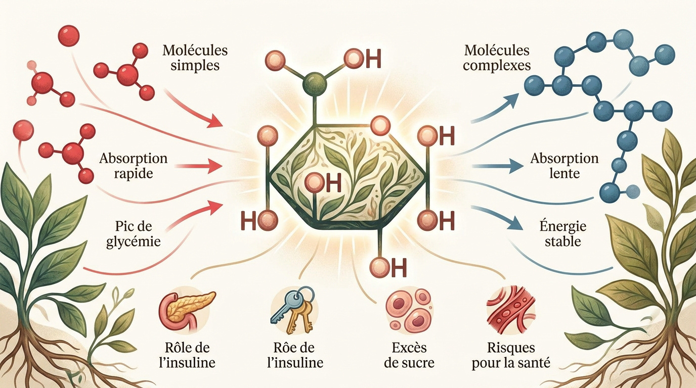 Schéma comparatif de l'absorption des glucides simples et complexes dans l'organisme