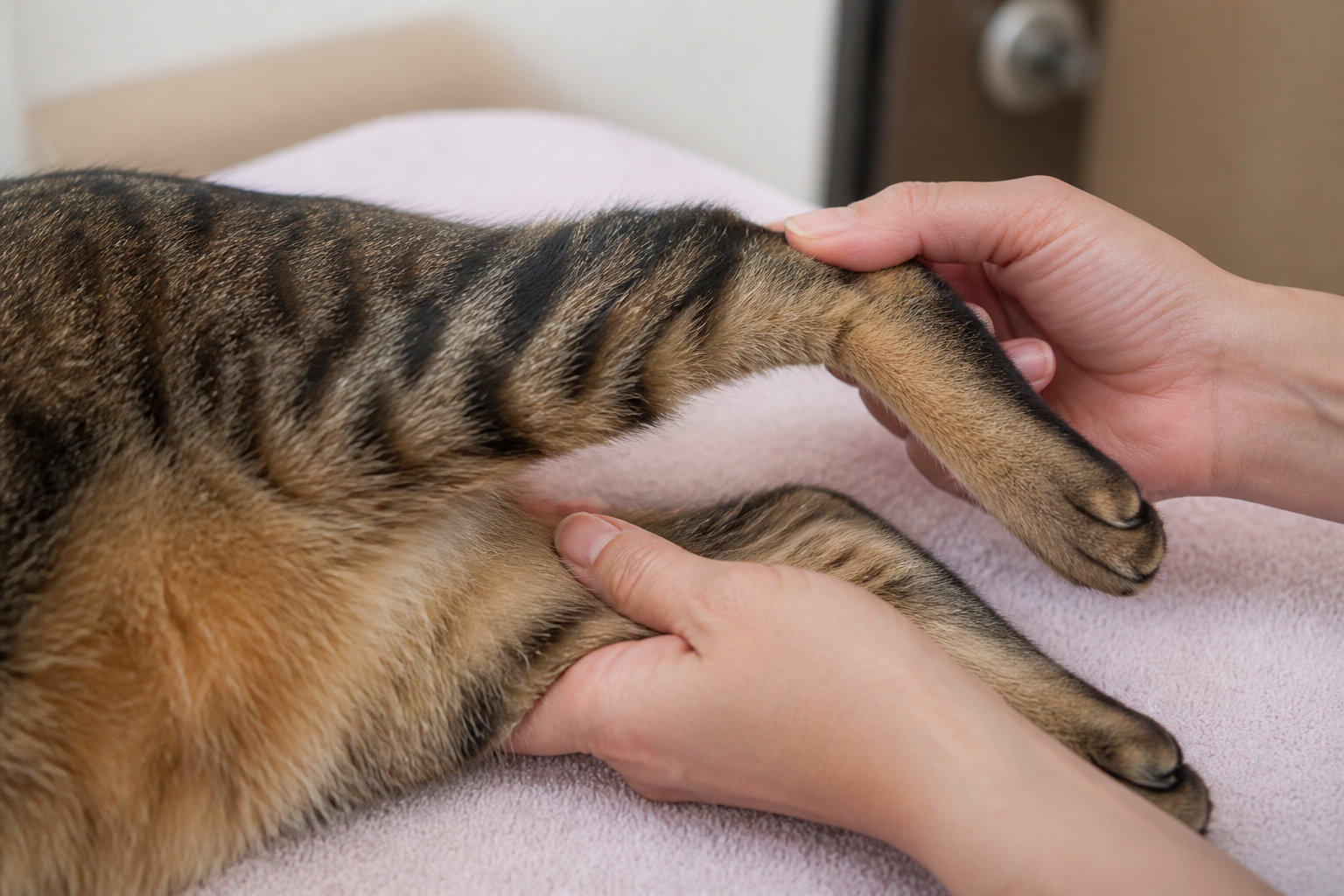 Étirement de la patte arrière d'un chat lors d'une séance de récupération