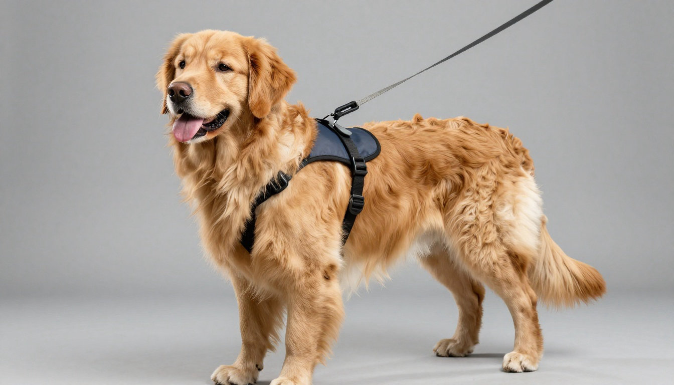 Chien Golden avec harnais et laisse courte pour les sorties en sécurité avec un handicap sensoriel