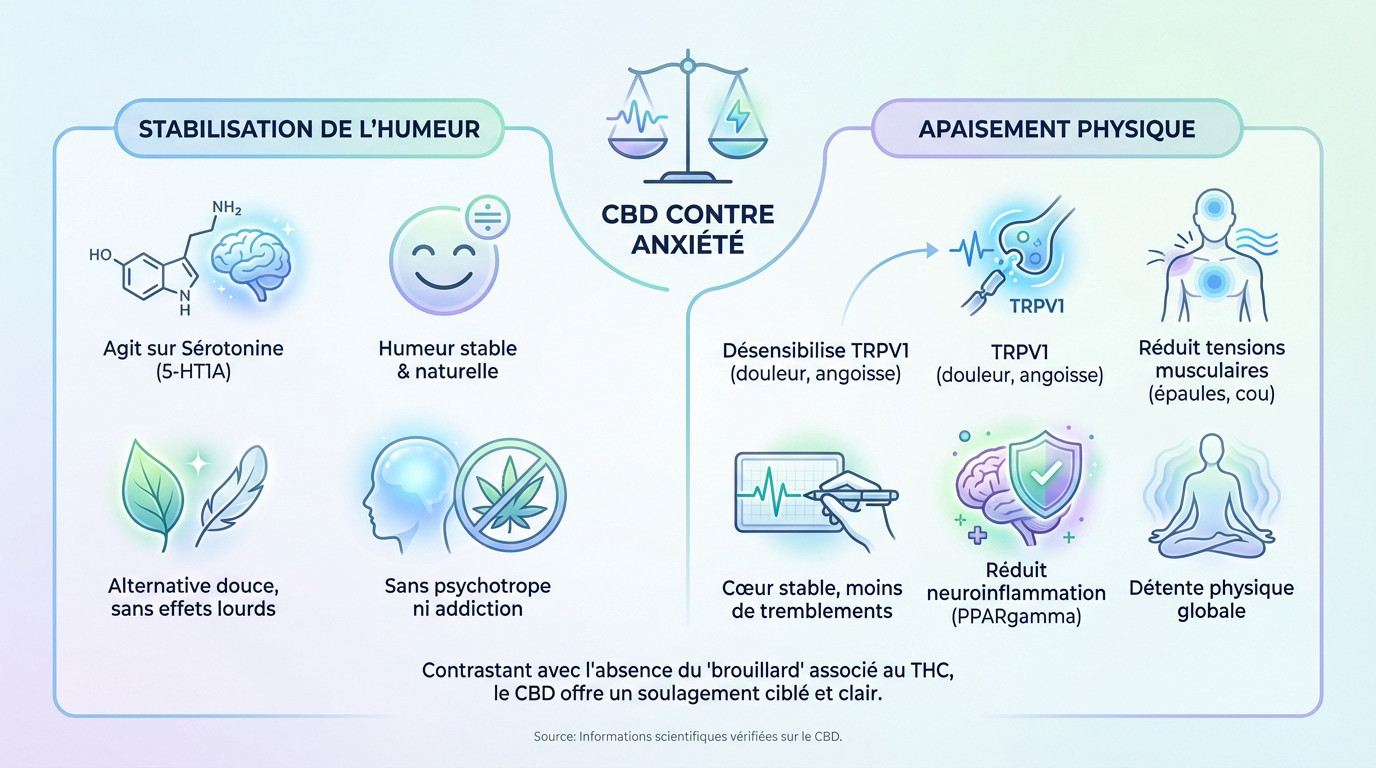 Illustration des bienfaits du CBD sur l'humeur et la détente corporelle face au stress