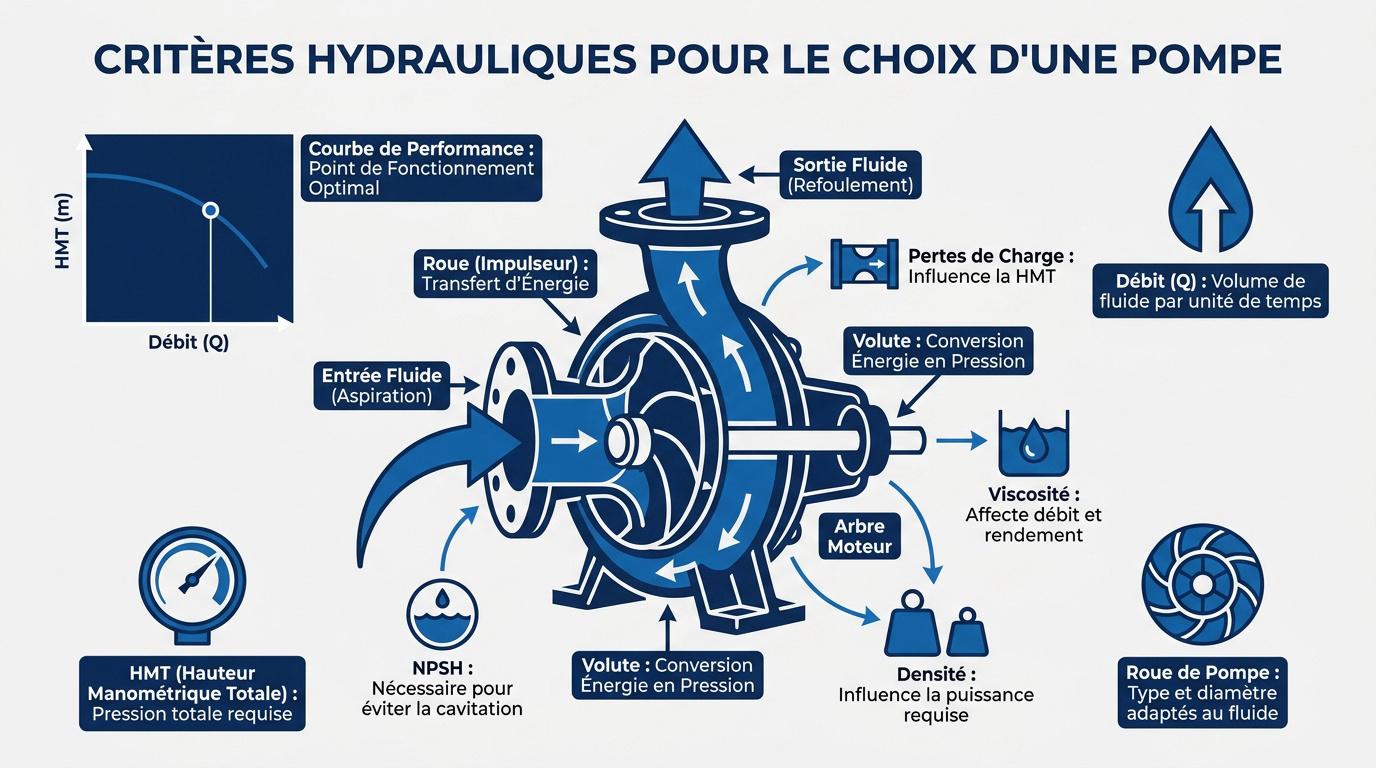 Sch&eacute;ma technique des crit&egrave;res hydrauliques pour le dimensionnement d'une pompe industrielle