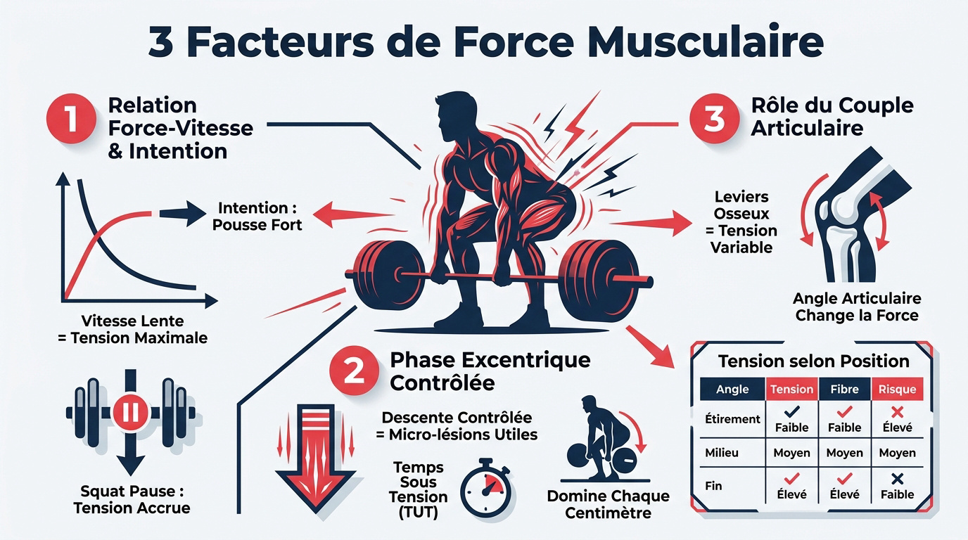 Schéma des facteurs influençant la tension mécanique et la force de contraction en musculation