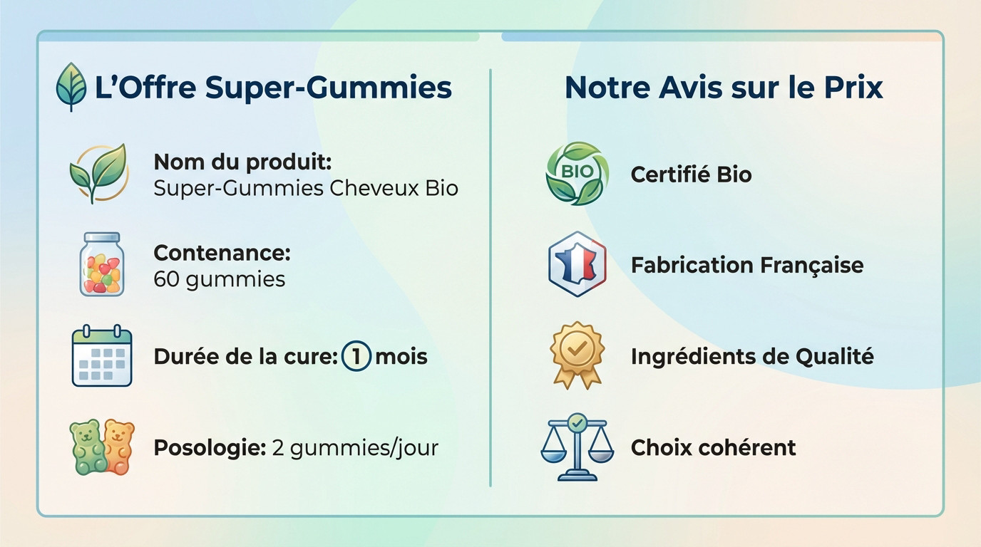 Infographie détaillant l'offre et le prix des gummies cheveux bio Nutrivie