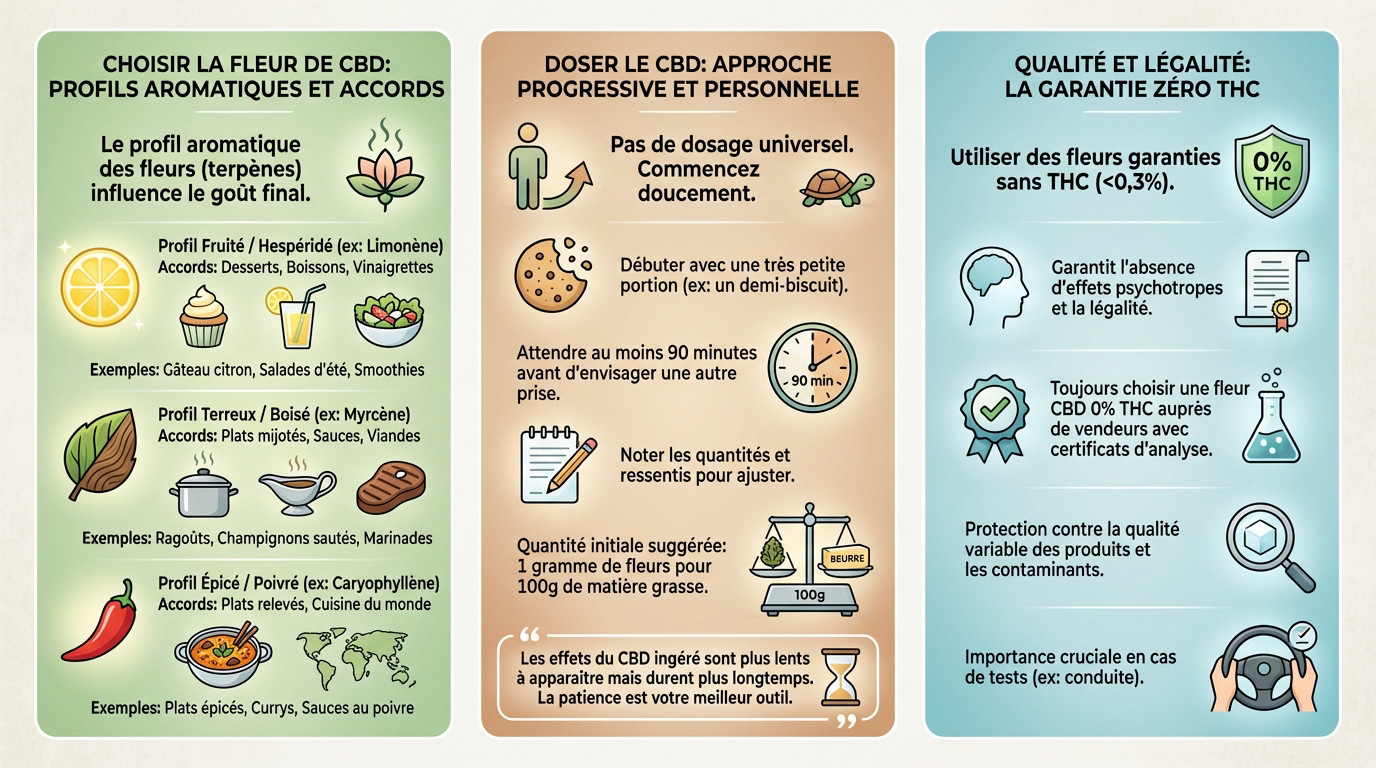Infographie détaillant le choix des terpènes et le dosage des fleurs de CBD en cuisine