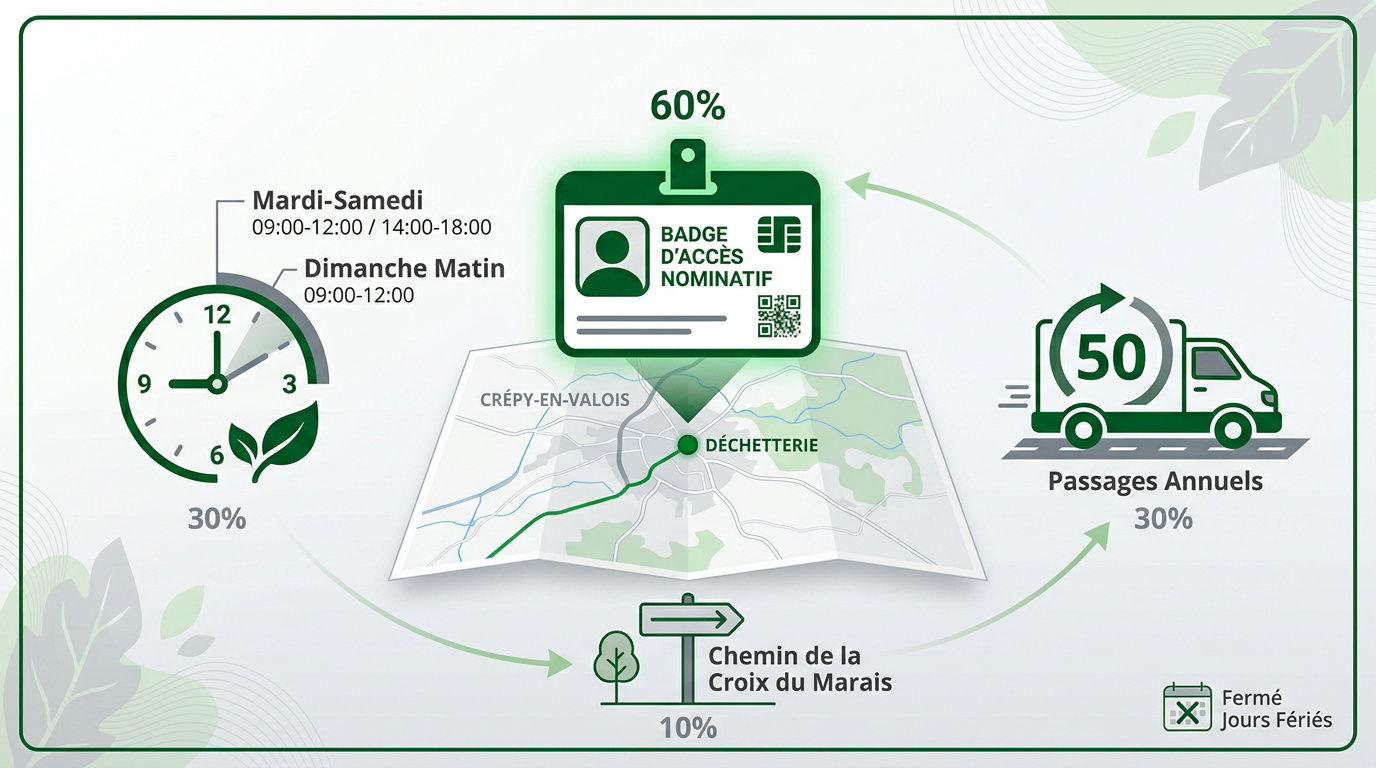 Infographie récapitulative des consignes et accès de la déchetterie de Crépy-en-Valois