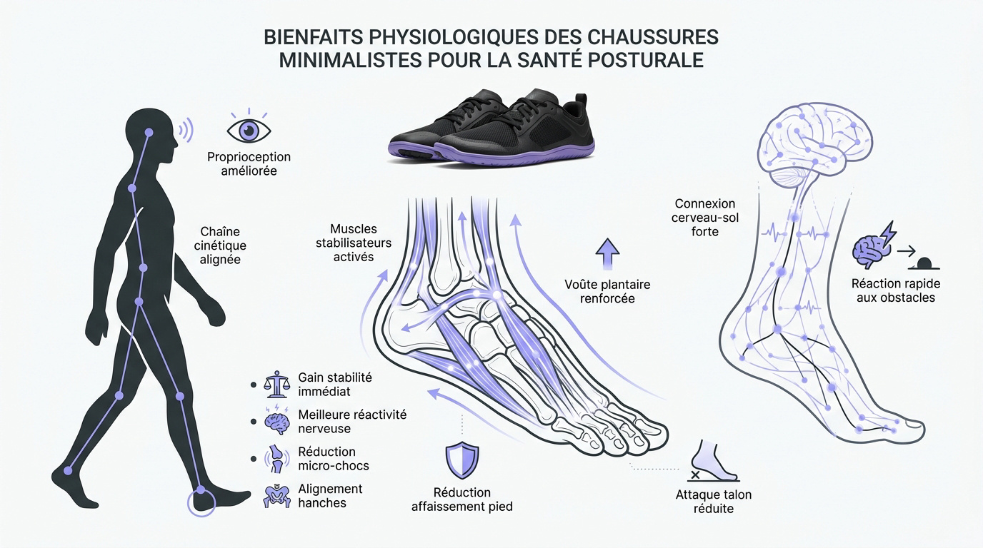 Illustration des bénéfices des chaussures minimalistes sur l'alignement corporel et la posture