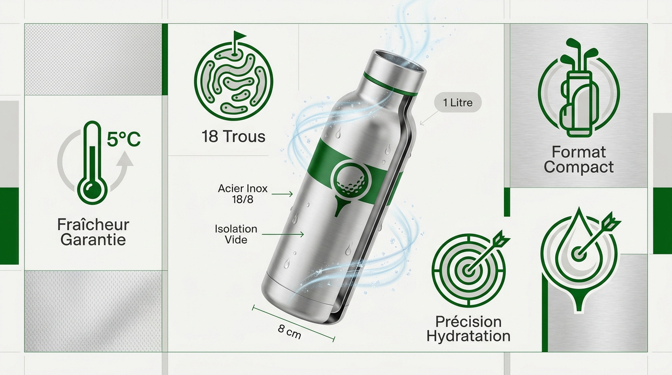 Gourde de golf isotherme en acier inoxydable sur un green de golf
