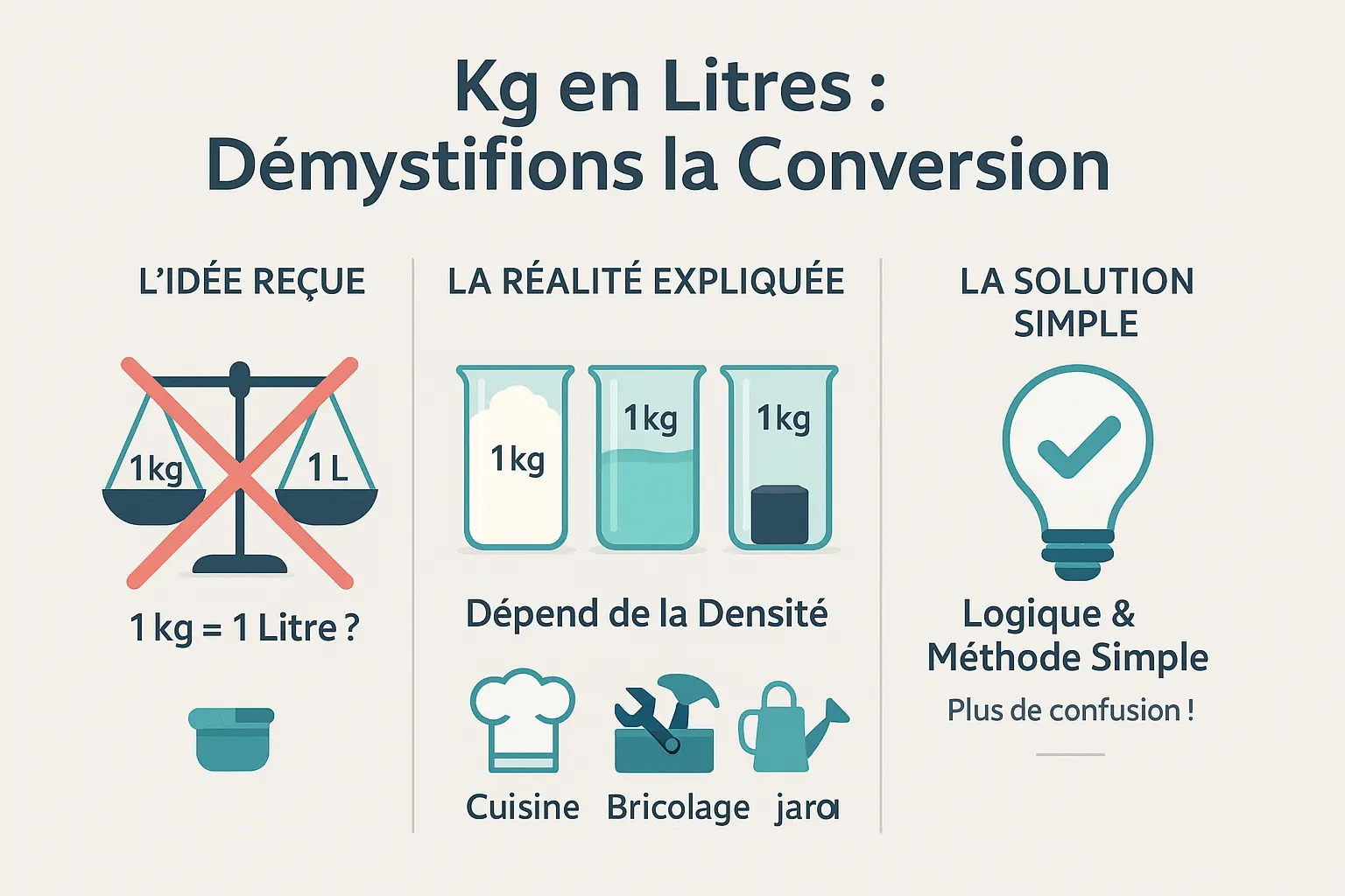 Conversion entre kilogrammes et litres : explication visuelle avec des objets du quotidien
