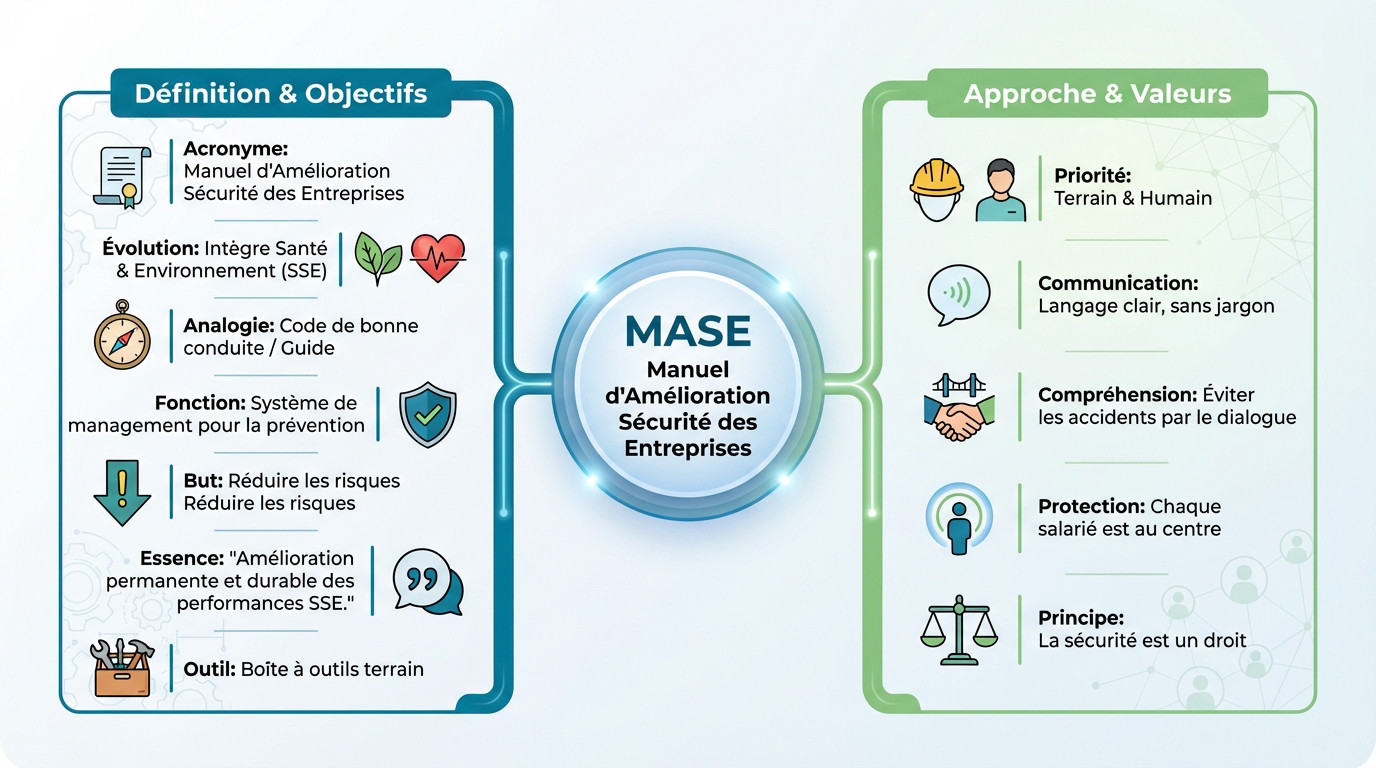 Infographie détaillant la définition, les objectifs et l'approche terrain du référentiel MASE