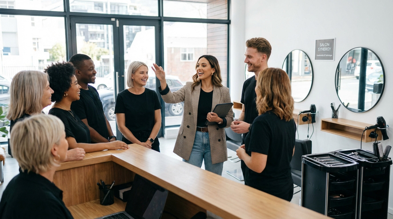 Manager coiffeur assurant le leadership et la synergie de son équipe en salon