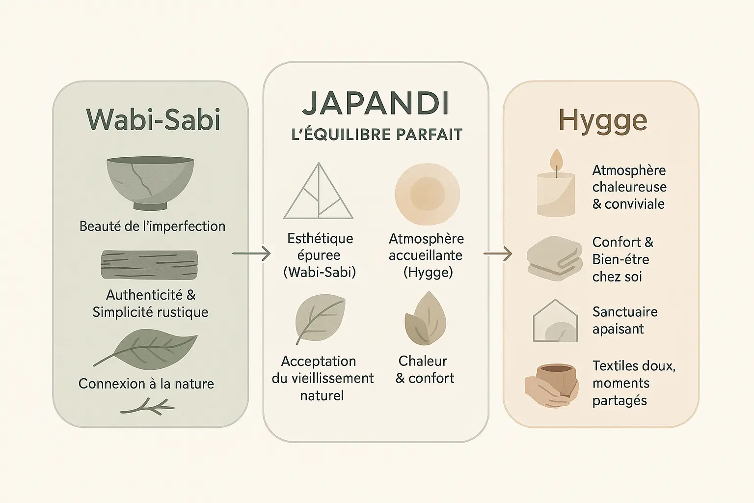 Illustration de la fusion des styles wabi-sabi et hygge dans un intérieur en bois clair avec des éléments naturels et une ambiance chaleureuse