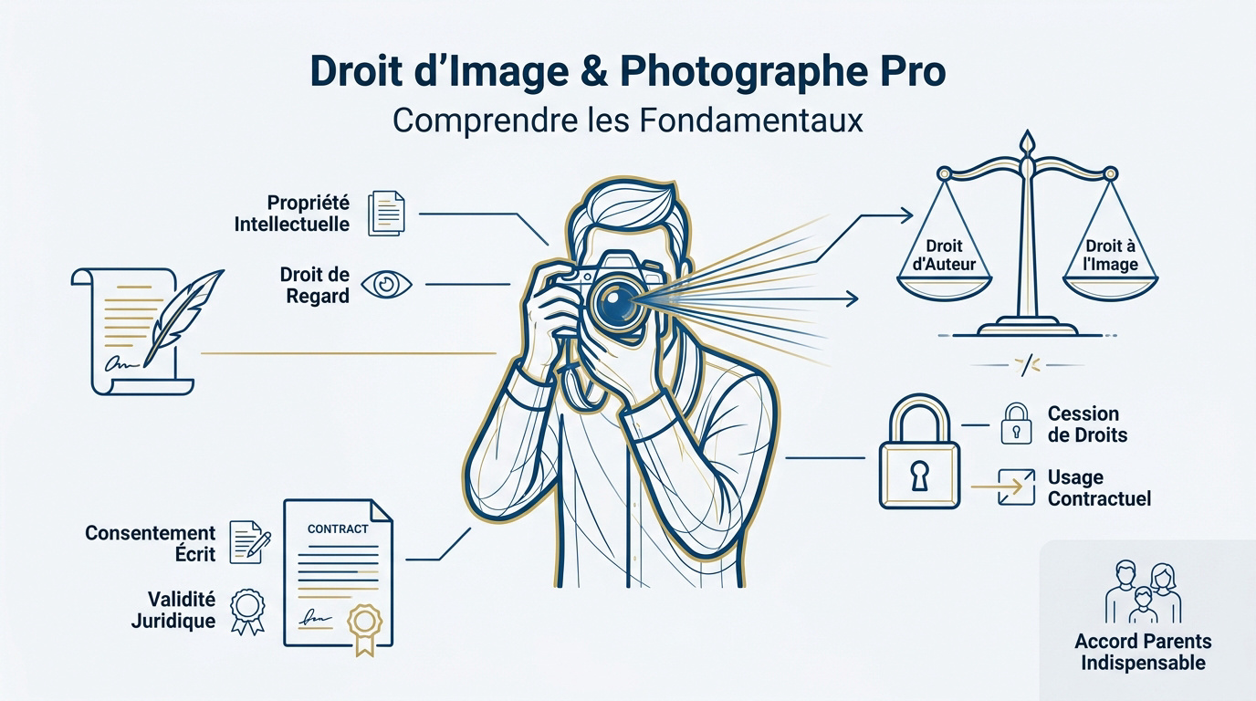 Photographe professionnel expliquant les droits d'auteur et le droit à l'image lors d'une séance portrait