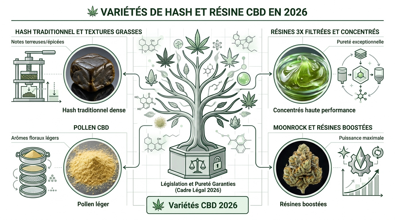 Sélection de différentes variétés de résines CBD premium sans THC