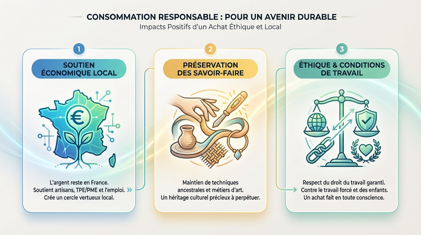 Infographie illustrant les impacts positifs d'un achat éthique et local sur l'économie et l'environnement