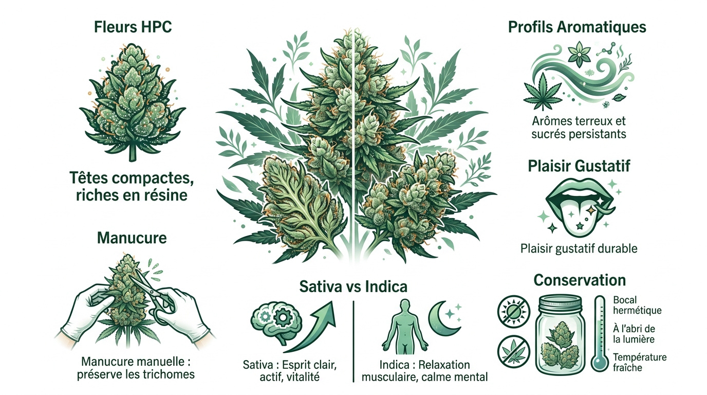 Infographie détaillant les caractéristiques sensorielles et de conservation des fleurs HPC