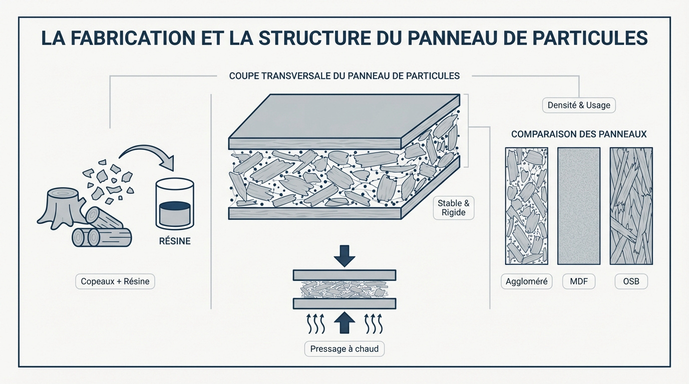 Structure interne d'un panneau de particules montrant les copeaux de bois compressés