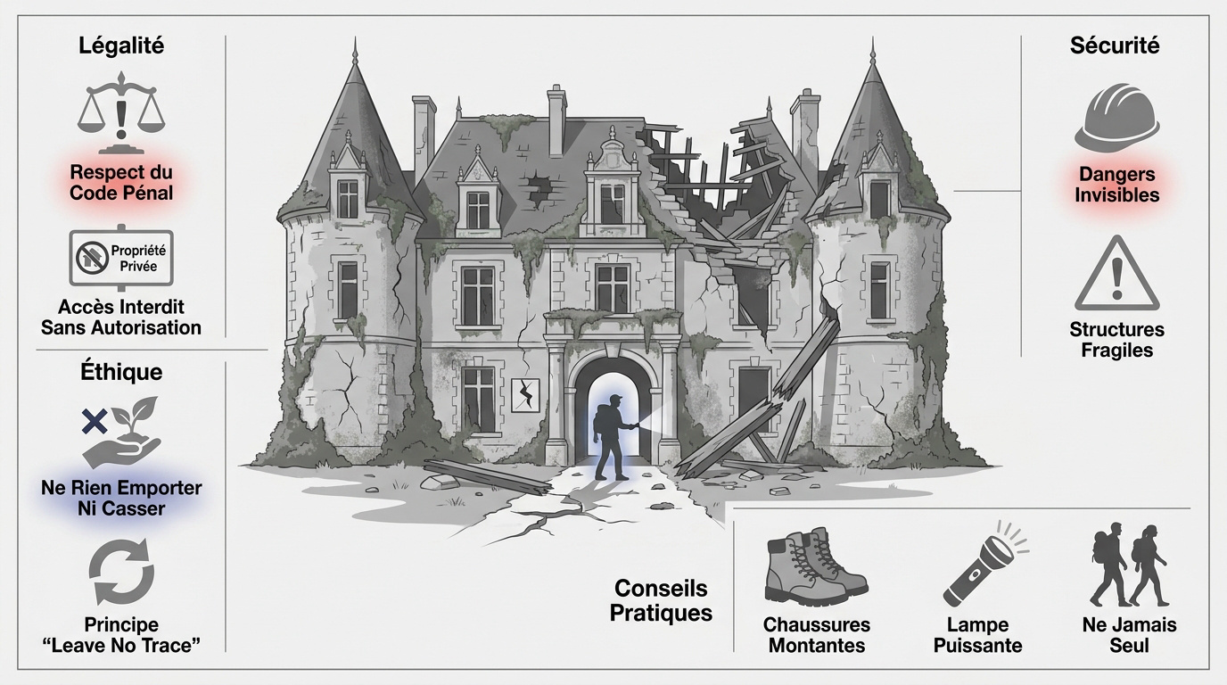 Vue d'un château abandonné en France illustrant les risques de structures instables et les enjeux de sécurité