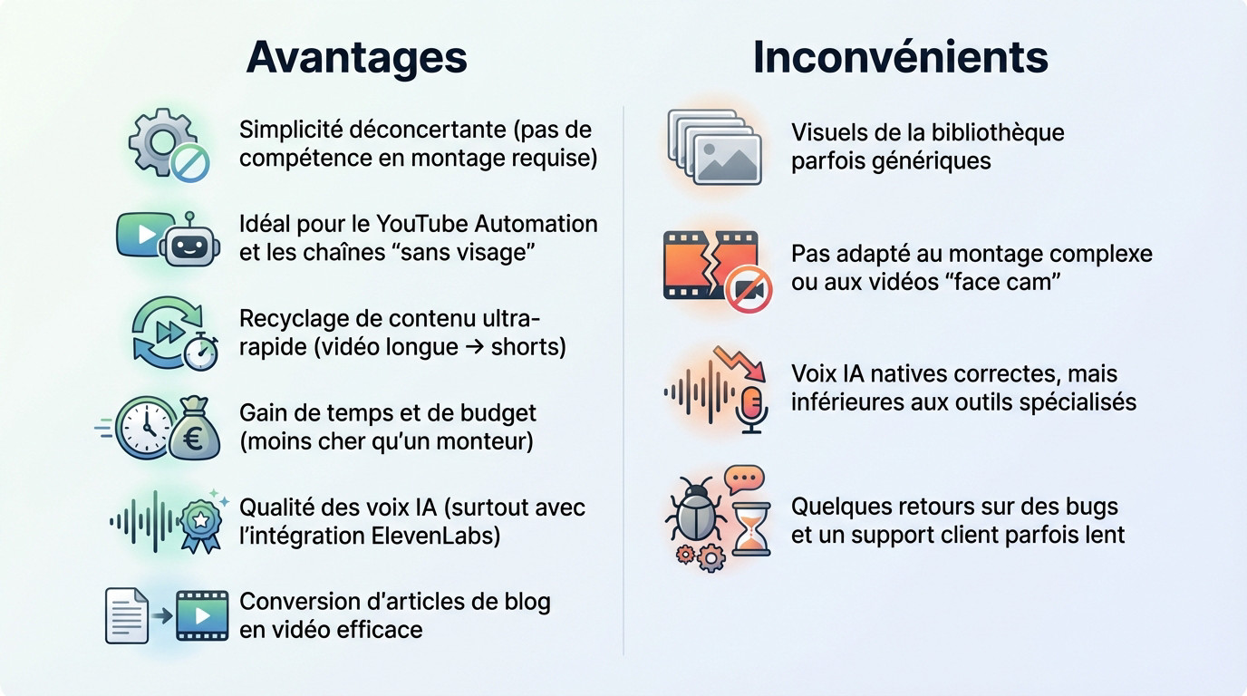 Résumé des points forts et faibles de Pictory AI pour l'automatisation vidéo