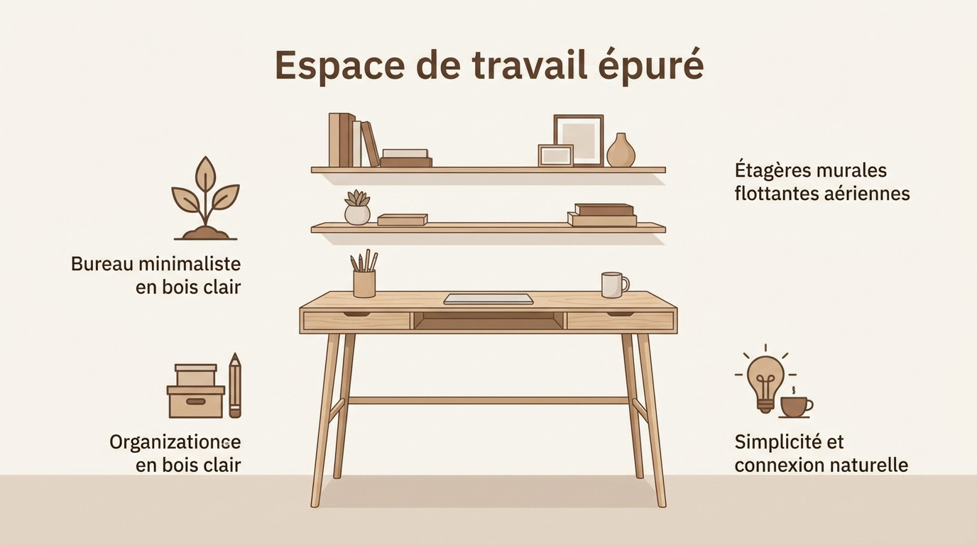 Bureau minimaliste en bois clair style japandi avec décoration zen