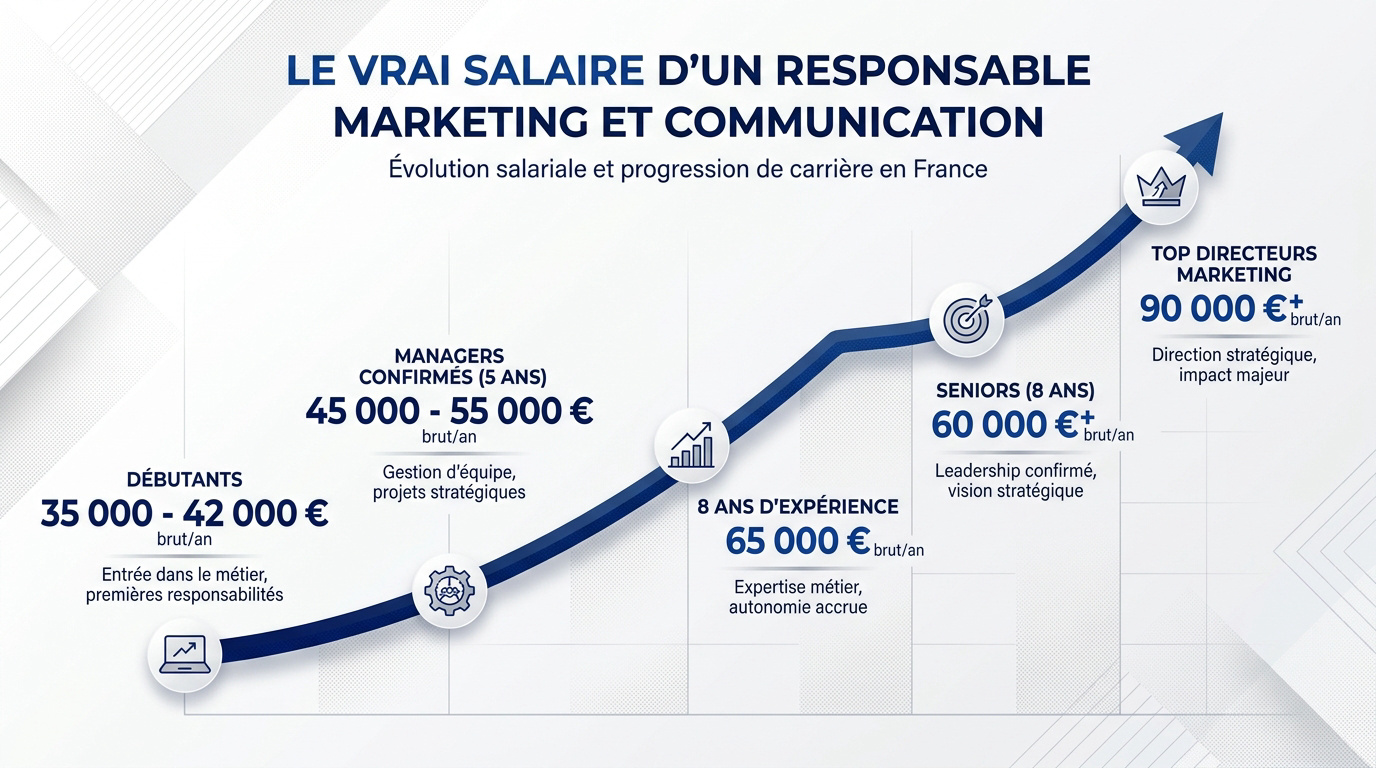 Graphique des salaires moyens d'un responsable marketing et communication en France selon l'expérience