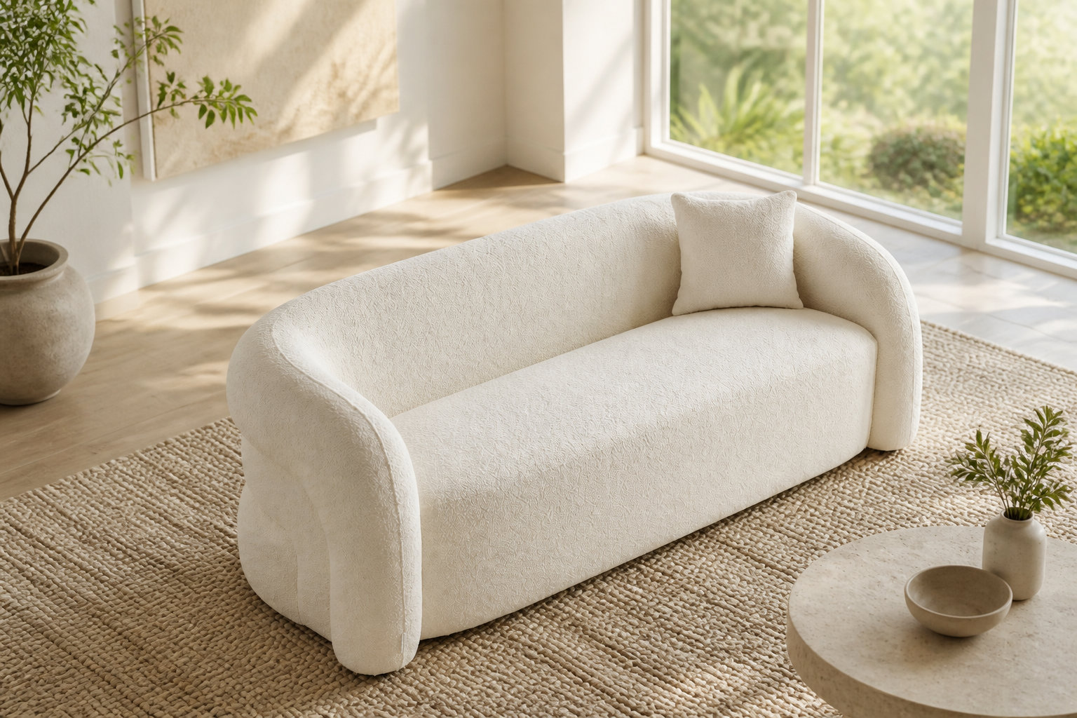 Canapé BOVANA gris : la sobriété contemporaine du tissu bouclette