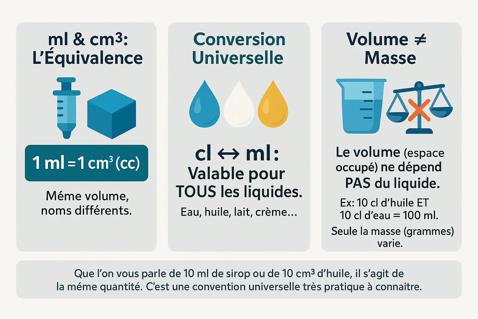 Illustration des <strong>conversions ml/cm³ et liquides</strong>