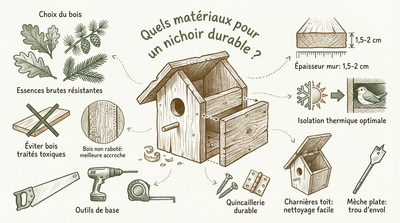Nichoir en bois brut installé dans un jardin pour protéger les oiseaux locaux
