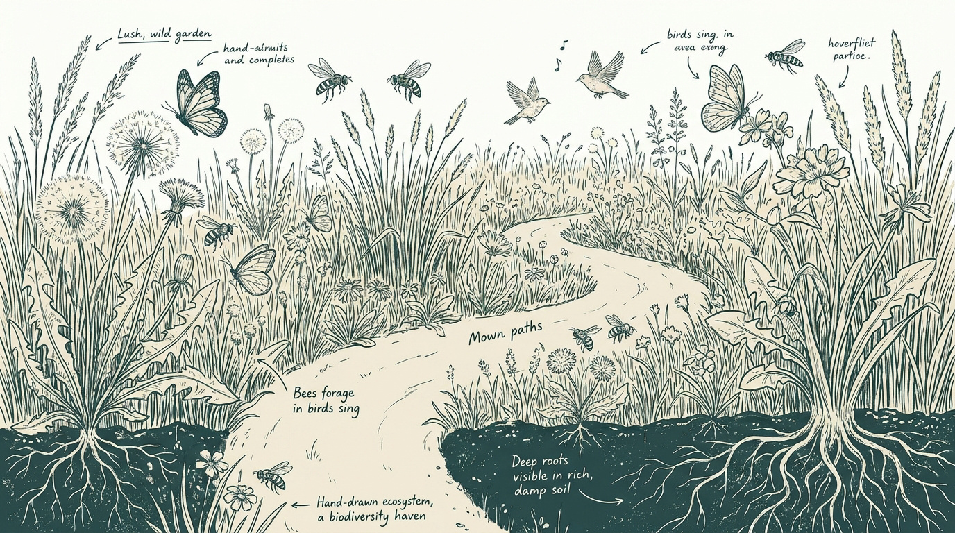 Un jardin luxuriant avec des herbes hautes et des fleurs sauvages favorisant la biodiversité