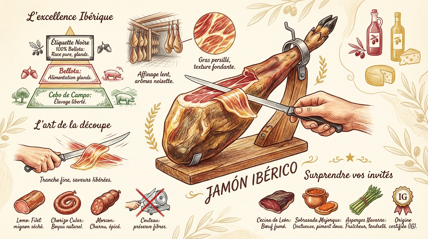 Infographie détaillant les labels de qualité et les catégories du jambon ibérique espagnol