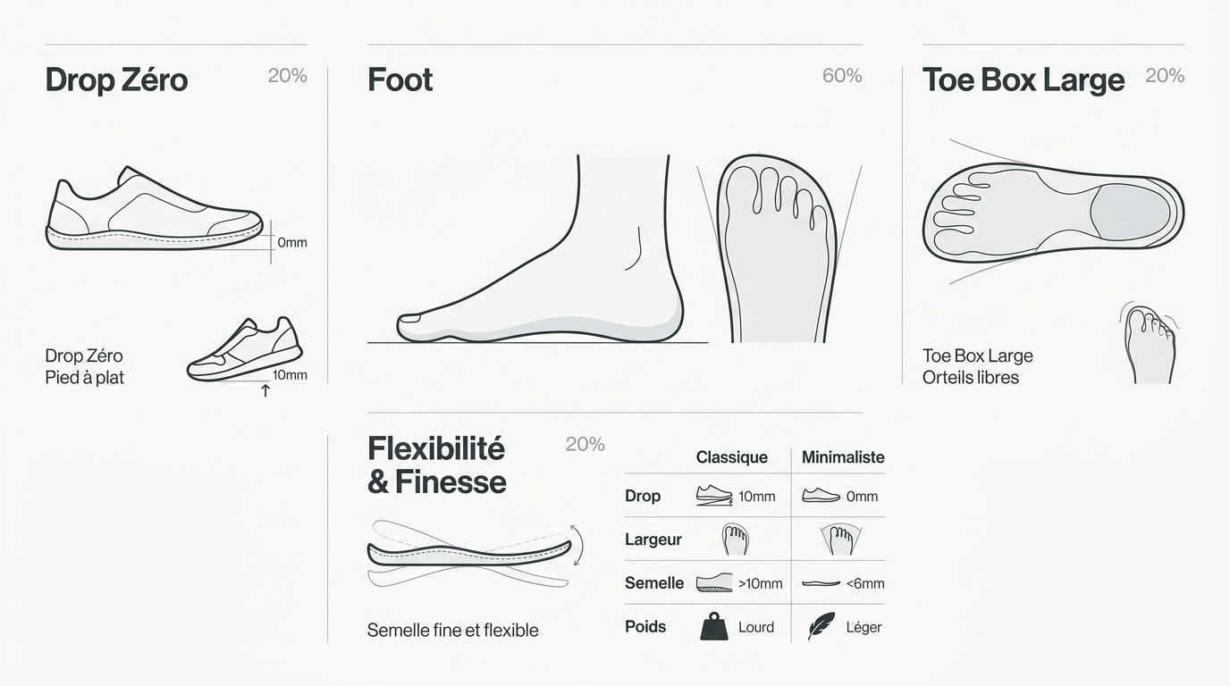 Schéma des caractéristiques techniques d'une chaussure minimaliste montrant la flexibilité et le drop zéro