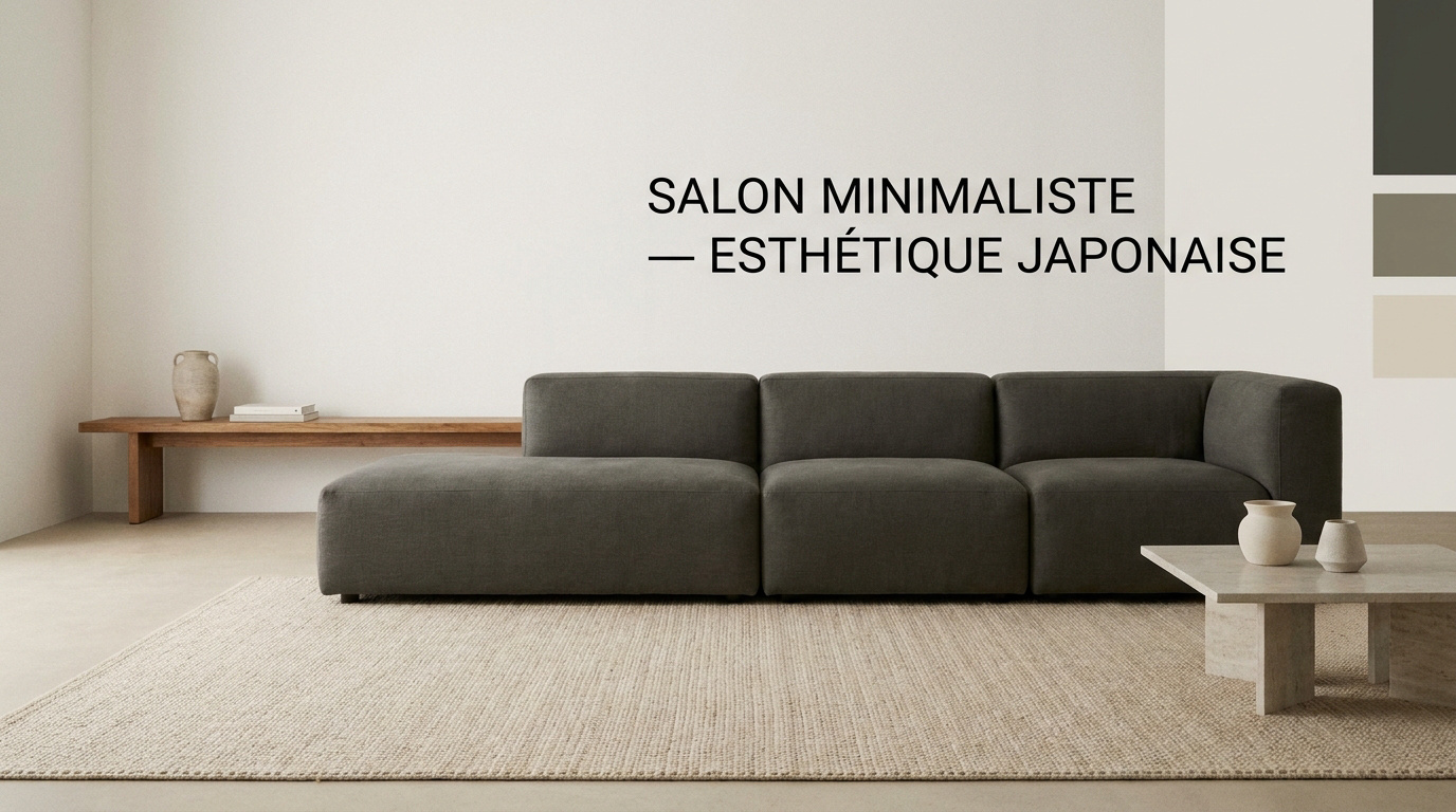 Salon au design japandi avec un canapé bas aux lignes épurées et des matières naturelles