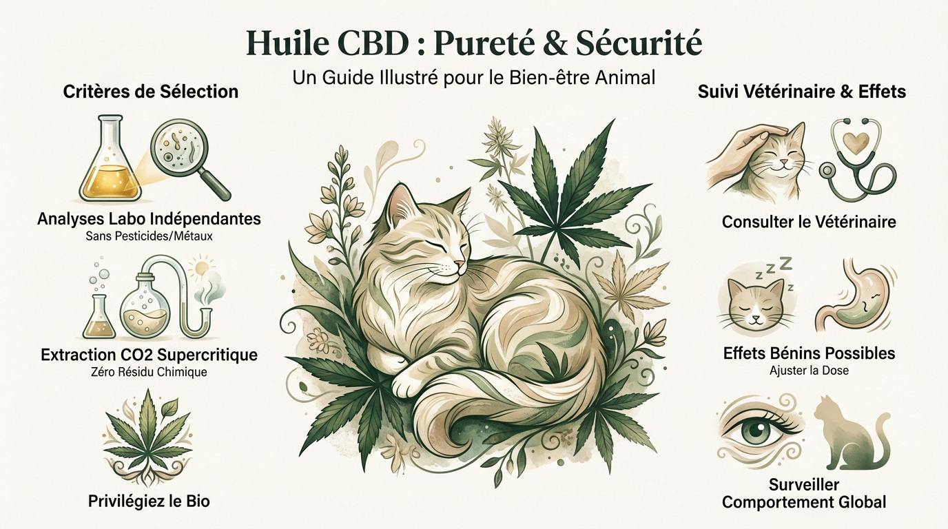 Flacon d'huile CBD pour chat avec compte-gouttes symbolisant la pureté et la sécurité sanitaire
