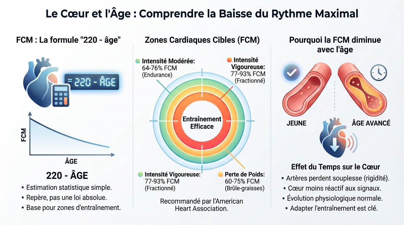 Graphique illustrant la baisse de la fréquence cardiaque maximale avec l'âge