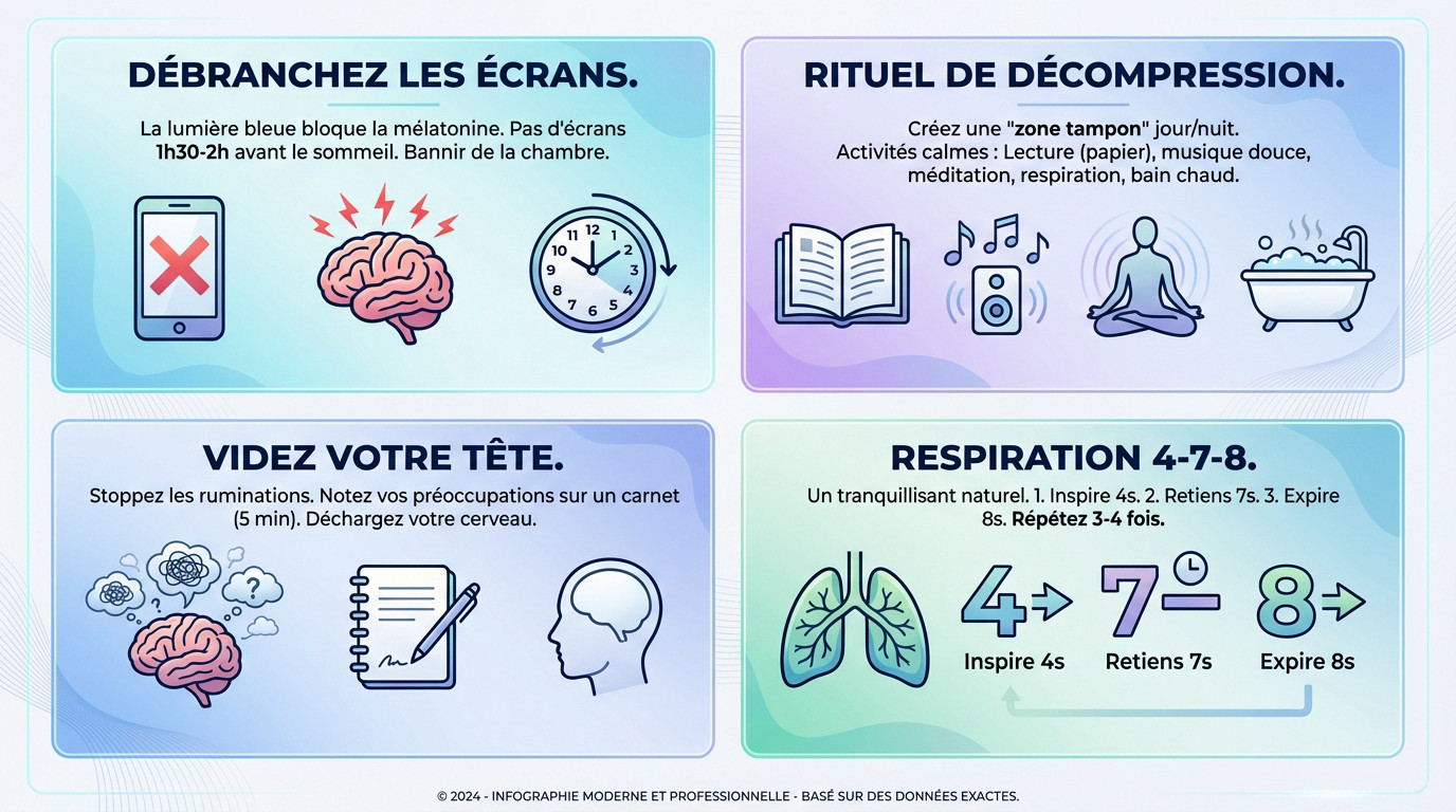 Illustration des 4 étapes pour calmer le corps et l'esprit avant de dormir