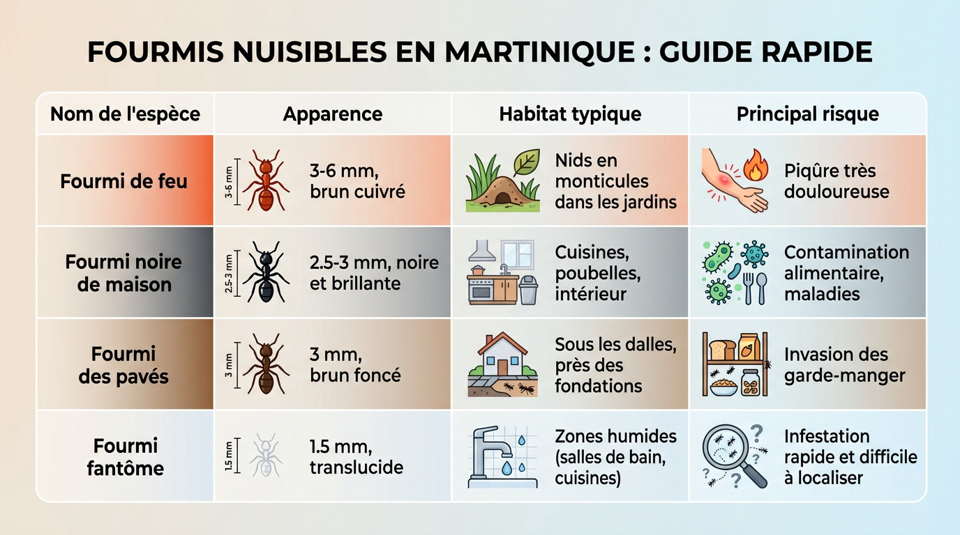 Tableau récapitulatif pour identifier les fourmis nuisibles en Martinique