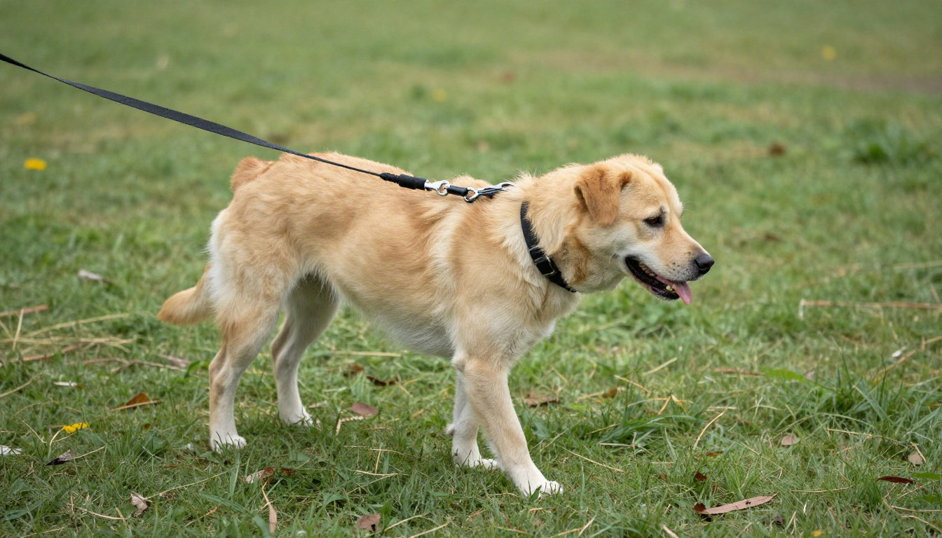 Chien beige en laisse sur l'herbe en position de marche au pied