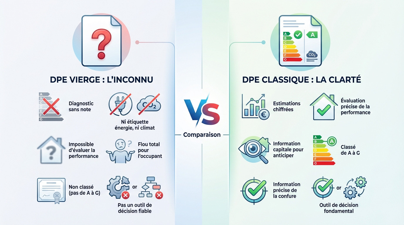 Comparaison visuelle entre un DPE vierge sans étiquette et un DPE classique complet avec données chiffrées