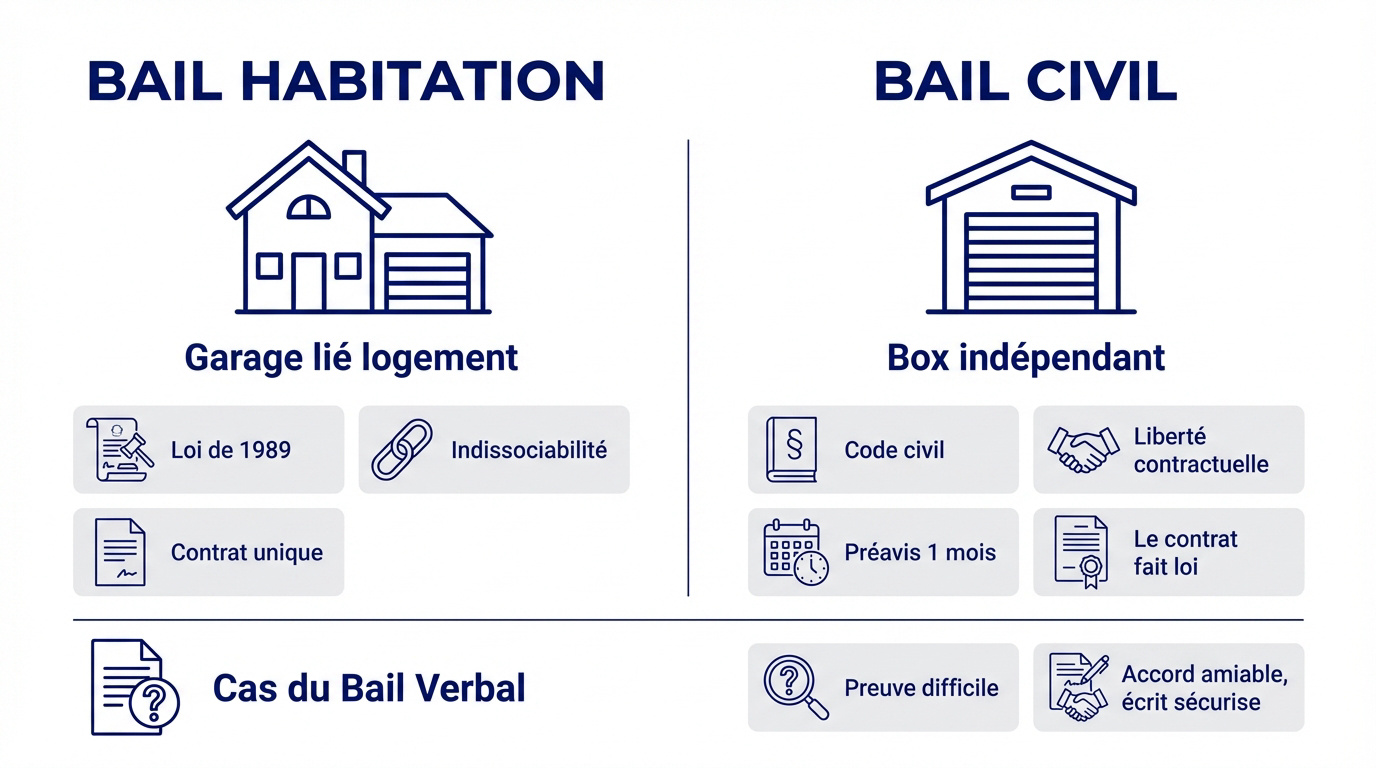 Comparaison juridique entre bail d'habitation et bail civil pour la location d'un garage