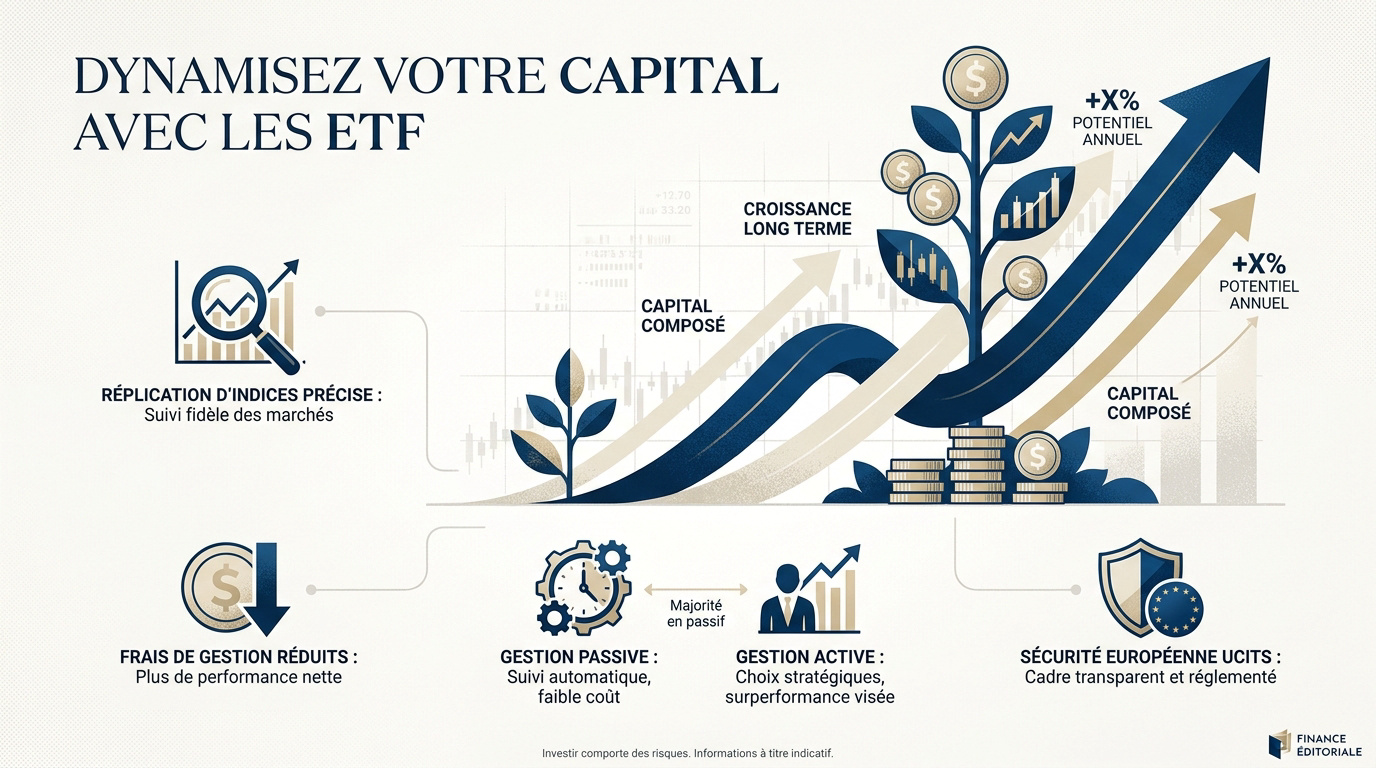 Graphique illustrant la croissance du capital grâce aux ETF et à la gestion indicielle