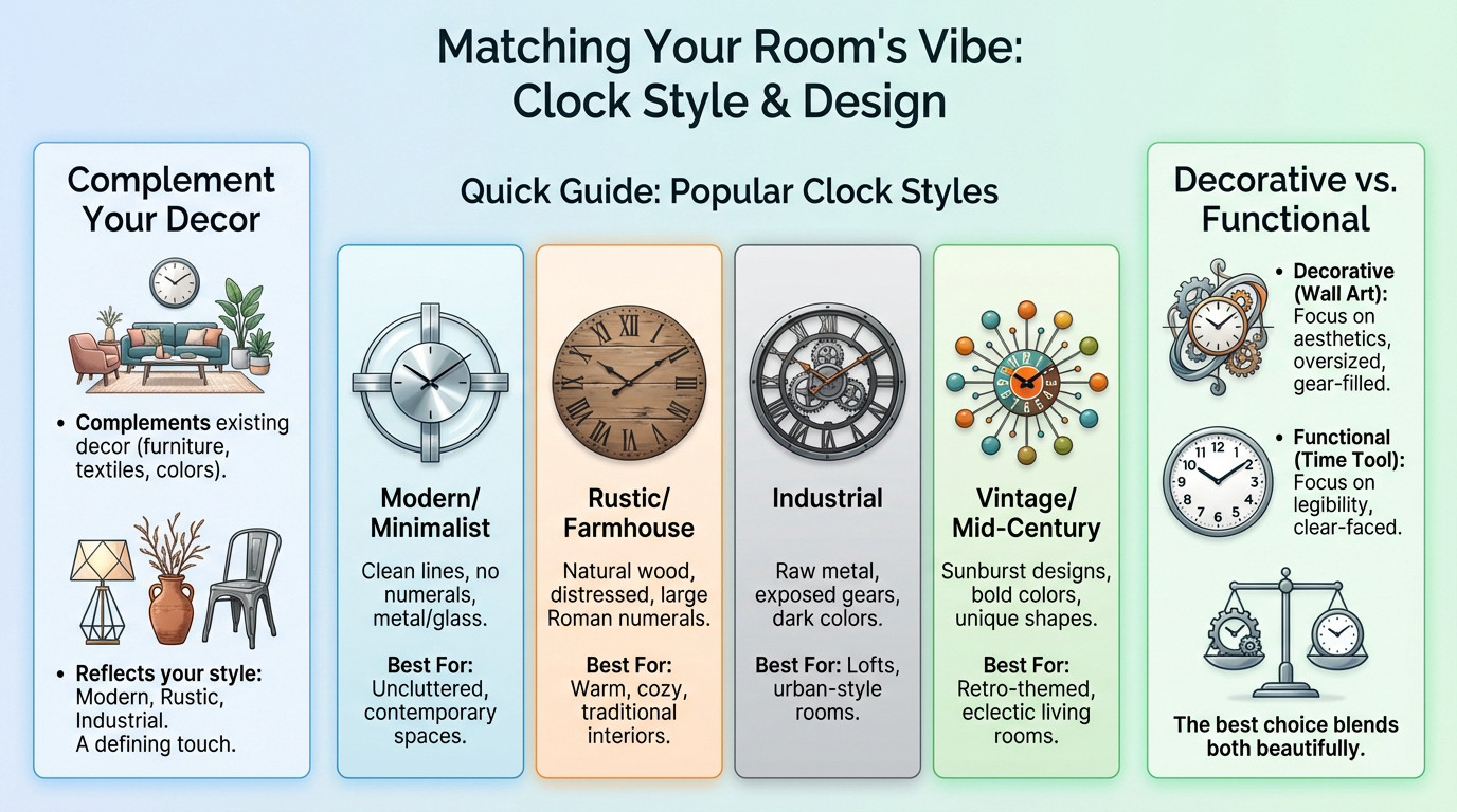 Living room interior featuring a stylish wall clock that matches the decor vibe